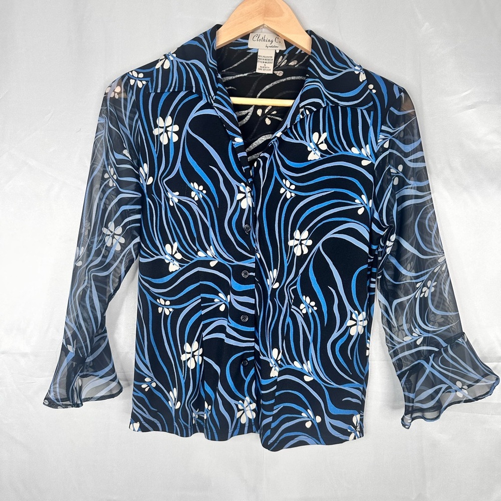 Clothing Co‎ Black and Blue two textured Sheer Floral sleeve Blouse Size Small
